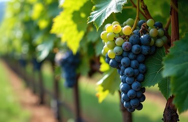 Fototapeta premium Clusters of ripe blue and green grapes hang from vines in a vineyard. Lush green leaves surround the fruit. Rows of grapevines stretch into the background under sunlight.