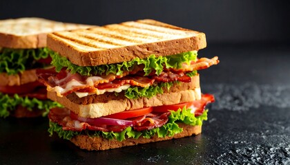 Two stacked bacon, lettuce, and tomato sandwiches on a dark surface