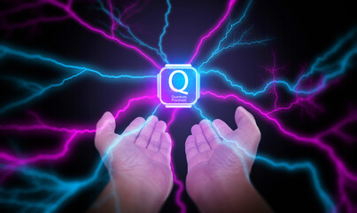 Powerful futuristic concept showing human hands generating digital energy toward a glowing quantum processor chip. Artificial intelligence, data power, next-generation computing innovation.