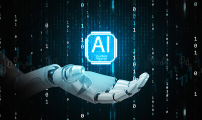 Powerful futuristic concept of robotic hand holding glowing AI quantum processor chip with binary code background. Advanced artificial intelligence, quantum computing, and data innovation.