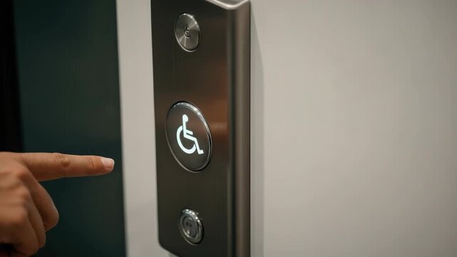 Close-up of hand pressing button with wheelchair symbol, indicating accessibility