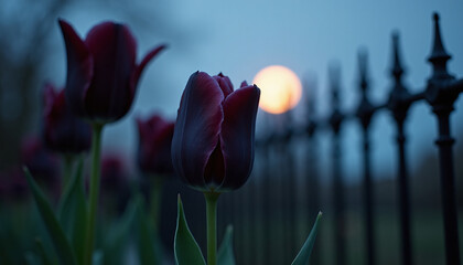 Dark tulip in evening garden light near black iron fence, glowing full moon background, moody floral scene with Gothic Gardens atmosphere and poetic contrast