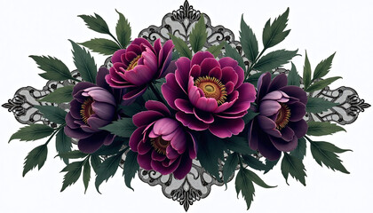 Dark burgundy peonies with green leaves and black lace ornament, elegant Gothic floral composition on white background, luxury botanical design with romantic vintage mood