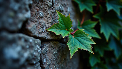 Close-up of green ivy leaves growing on rough stone wall, natural texture background with soft focus and copy space, concept of resilience, growth, and harmony between nature and architecture
