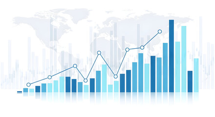 Blue Bar Chart and Line Graph with World Map Background