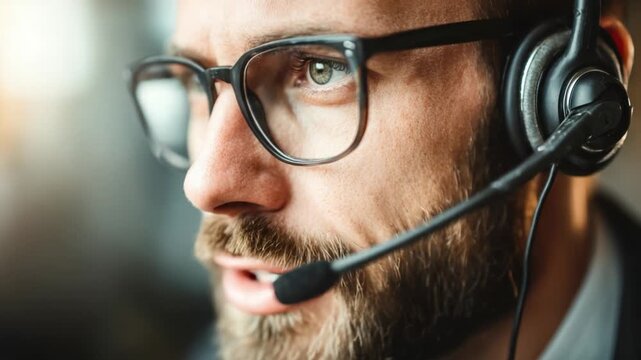 Close-Up Frames of a Man Wearing Glasses and a Headset, Representing Modern Communication and Customer Support in a Professional Environment