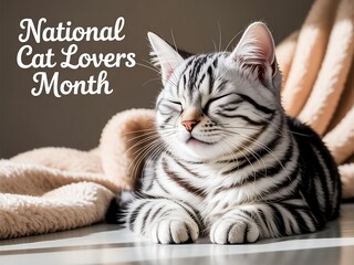Adorable tabby cat resting peacefully on a soft blanket celebrating national cat lovers month with eyes closed