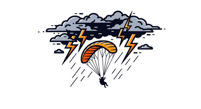 Paraglider braving a dramatic thunderstorm with lightning and heavy rain.