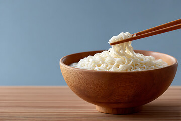 Delicious Plain Noodles in Wooden Bowl with Chopsticks Against Blue Background