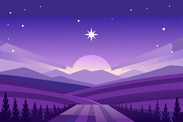 Naklejka premium Serene purple landscape with rolling hills a bright star in the night sky and a path leading towards a distant sunrise or sunset