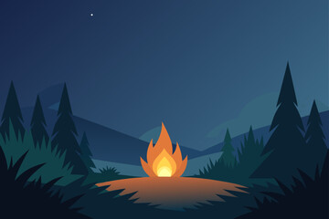 Vibrant campfire glows warmly in a dark forest clearing under a starry night sky with distant mountains and pine trees