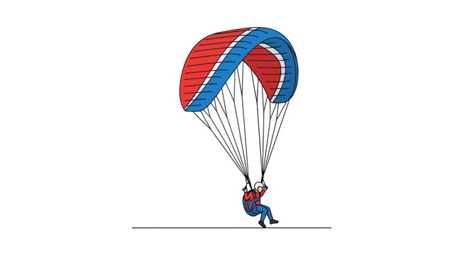 A person paragliding with a red and blue parachute against a white background.