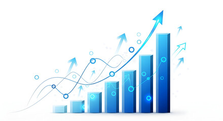 Blue bar graph with upward trending arrow and circles
