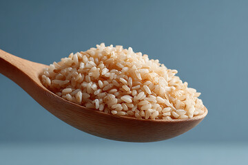 Brown Rice on Wooden Spoon Against Blue Background in Studio Lighting
