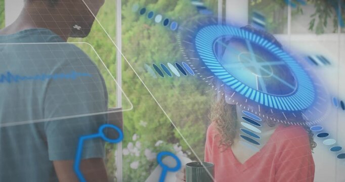 Man stepping onto porch initiating digital HUD on woman holding green mug, enhancing chat in tech
