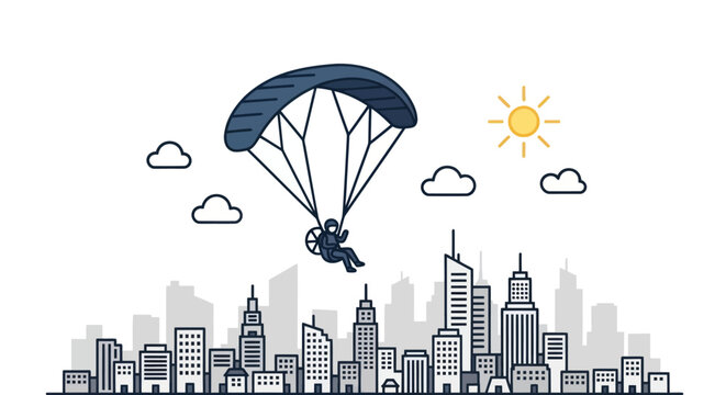 Person Paragliding with Blue Parachute Over Modern City Skyline Illustration.