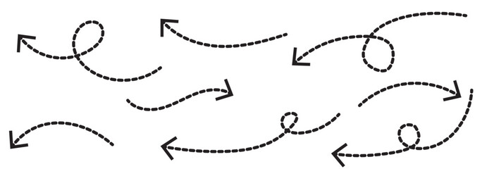 Collection of curved arrows with dashed lines. Hand drawn curve dotted line arrow set. curved pointers sign. Sketch curved dashed arrows. signpost showing a confusing complex path. Dashed arrows.