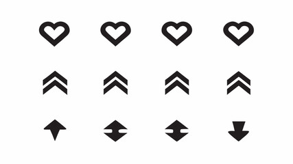 Illustration of nine black and white geometric icons arranged in a grid pattern with hearts and arrows shapes | editable eps vectors silhouette