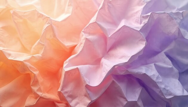 Soft crumpled paper texture shows beautiful pastel gradient colors. Orange peach pink purple lavender hues blend smoothly creating gentle abstract background. Vibrant surface perfect for modern - Powered by Adobe
