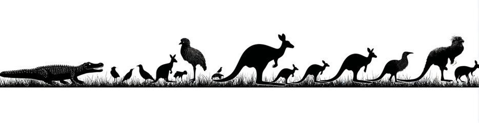 A monochromatic line of various wildlife silhouettes, from crocodile to kangaroo, set on a grassy horizon