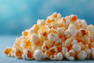 Freshly Popped Popcorn Pile Against Soft Blue Background for Easy Snacking