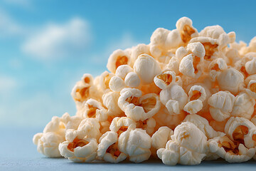 Freshly Popped Corn Against a Soft Blue Sky Background in Natural Light