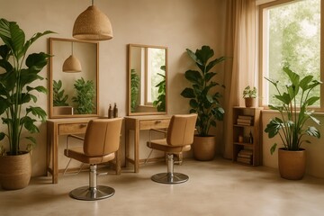 Serene salon with natural light, wooden furnishings, and lush greenery for a calming atmosphere.