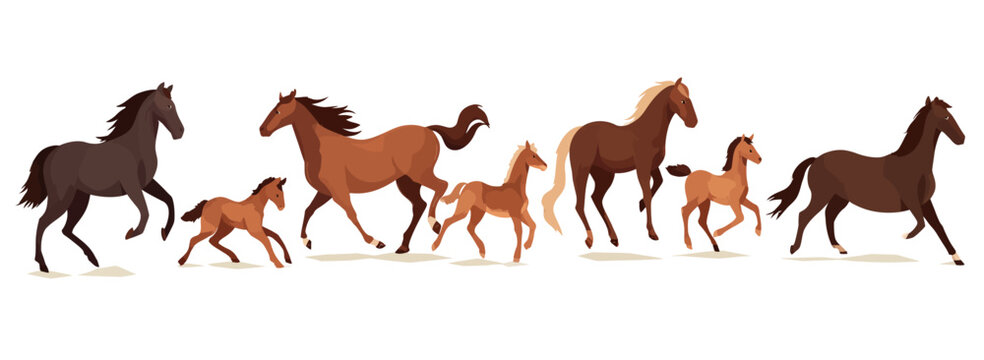 A horizontal illustration of horses and foals running left to right with pixelated art style