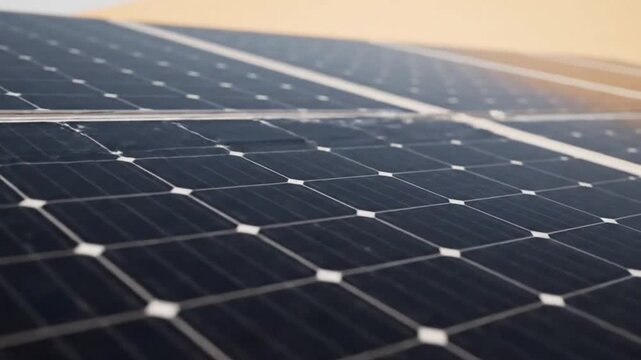 Close Up of Dark Solar Panels with Silver Frames in Golden Desert Landscape Under Bright Sunlight