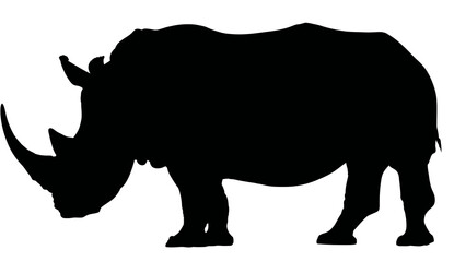 Bold black silhouette of a rhino standing on four legs, details the head and the horns