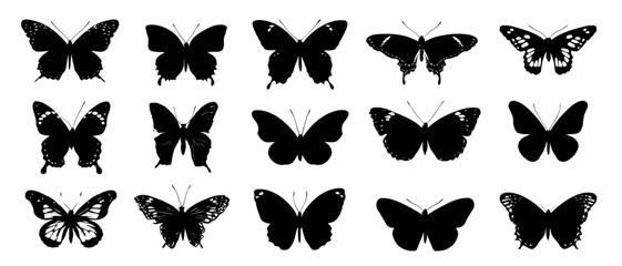 Silhouette collection featuring various butterfly wing shapes and patterns, isolated on white background