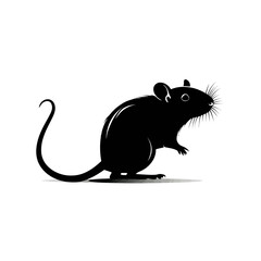 A stark black silhouette of a rat, poised and alert against a white background. It has whiskers and a curled tail