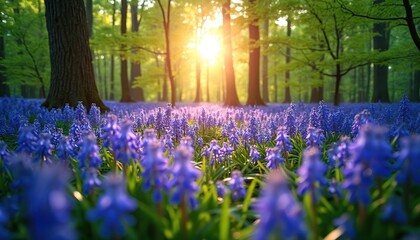 Obraz premium Sunlight streams through forest trees onto a field of vibrant bluebell flowers. Lush green foliage surrounds the blooming plants in a tranquil natural setting.