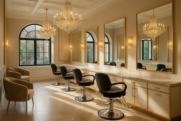 Elegant hair salon interior with sophisticated decor, luxurious chairs, and gleaming mirrors. Perfect!