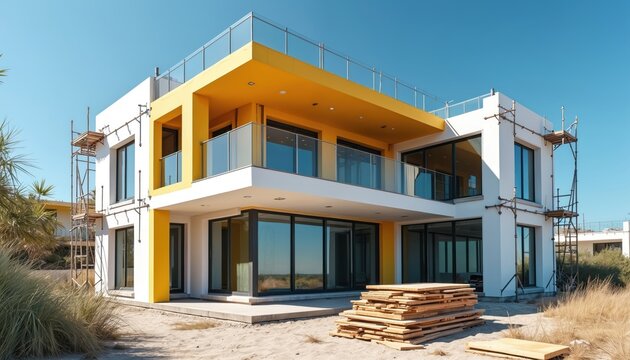 Modern multi-story beach house under construction. White and yellow exterior with glass balconies. Scaffolding visible on building side. Lumber stacked on sandy lot.