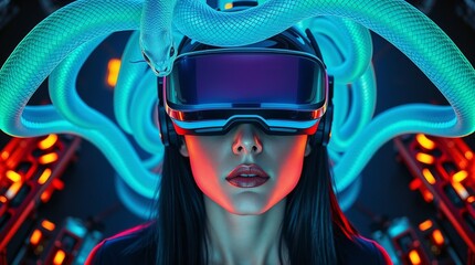 Portrait of a girl player with a parallel reality device, her head is wrapped in wires resembling snakes, Symbolic illustration of the Greek myth of Medusa Gorgon.