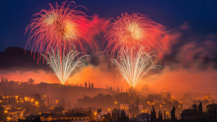 Spectacular twin fireworks explosions illuminate the night sky above a distant city skyline