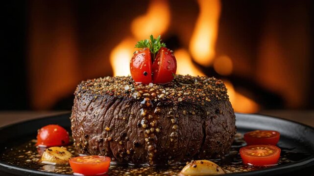 A perfectly cooked steak, adorned with fresh herbs and tomatoes, served on a black plate against a warm, inviting fireplace backdrop, creating a mouthwatering culinary scene ai generated vedio