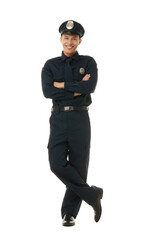 Young policeman in uniform on white background