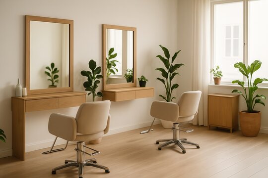 Bright salon space with modern styling stations featuring wooden vanities, mirrors, and swivel chairs.