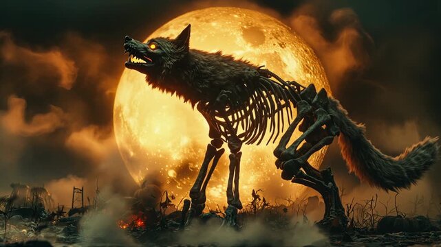 Halloween Skeletal Wolf Howls at Glowing Full Moon, Creating Haunting Atmosphere Under Night Sky