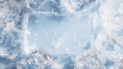 Transparent ice cubes around the frame, ice frame on a light blue background with free space. Winter footage, screensaver, template