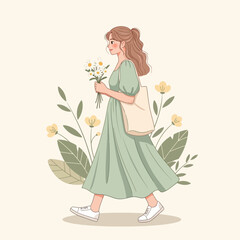 Fototapeta premium Woman with Flowers Walking