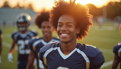 Young african american football player smiles brightly with teammates behind him on field during golden hour. He wears team uniform on grass pitch ready for game.