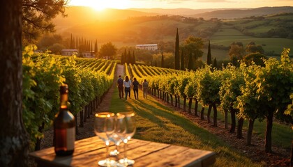 Group walks through sunlit vineyard rows at golden hour. Wine tasting setup on wooden table with bottle and glasses suggests enjoyable rural outing.