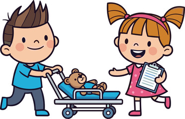 Children pushing stroller with teddy bear, kids pretend play, caregiving roleplay, teamwork, imagination, fun activity, childhood learning, playful creative game