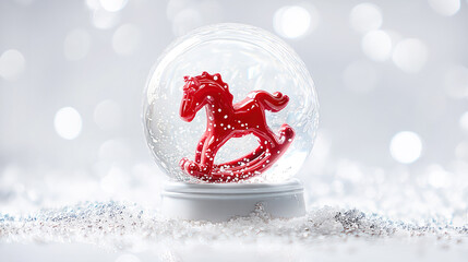 A Christmas glass snow globe with red ceramic rocking horse toy and white snowflakes inside against a white background with sparkling bokeh. Abstract Defocused Background