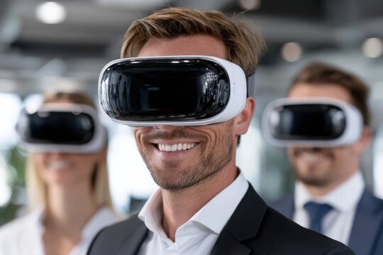 People enjoying virtual reality technology in a modern office environment during a workday