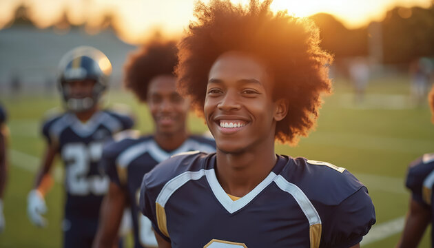 Young african american football player smiles brightly with teammates behind him on field during golden hour. He wears team uniform on grass pitch ready for game.