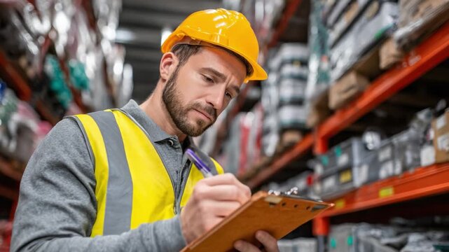 A focused warehouse employee in a high-visibility vest and safety helmet meticulously recording data on a clipboard amidst organized stock shelves.